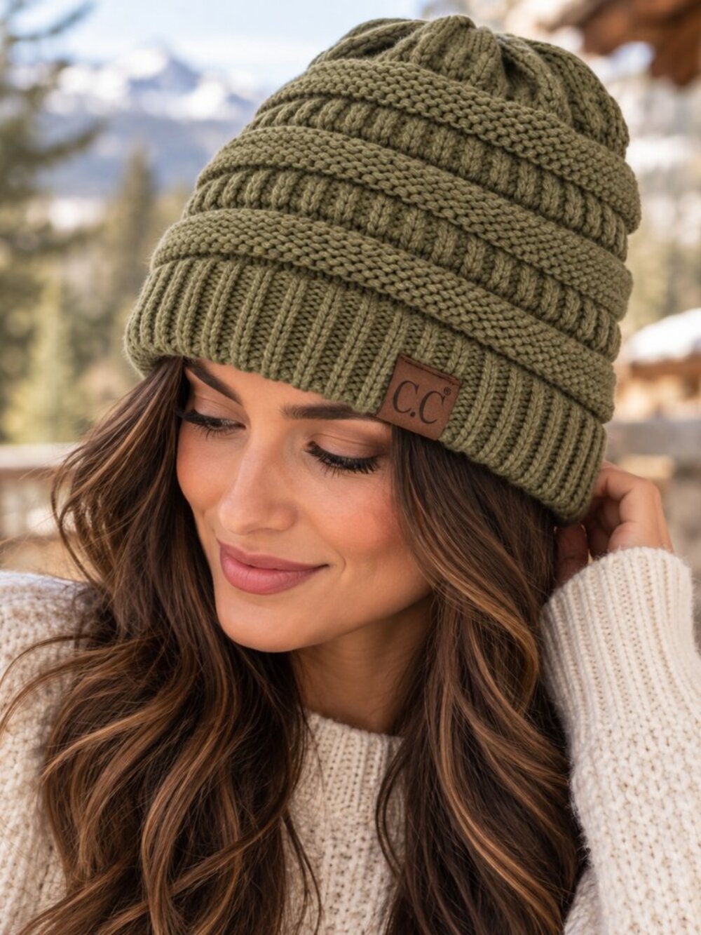 C.C Beanie Womens Olive Green Chunky Knit Slouchy Winter Hat Warm Cozy Stretch